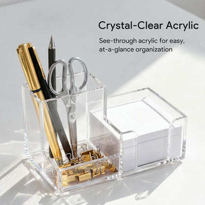 HBlife Acrylic Pen Holder for Desk, 3-Compartment Small Desk Organizer, Clear Office Supplies Desk Accessories with Sticky Notes Holder Stores Post It Notes 3X3 for Office, Home and School