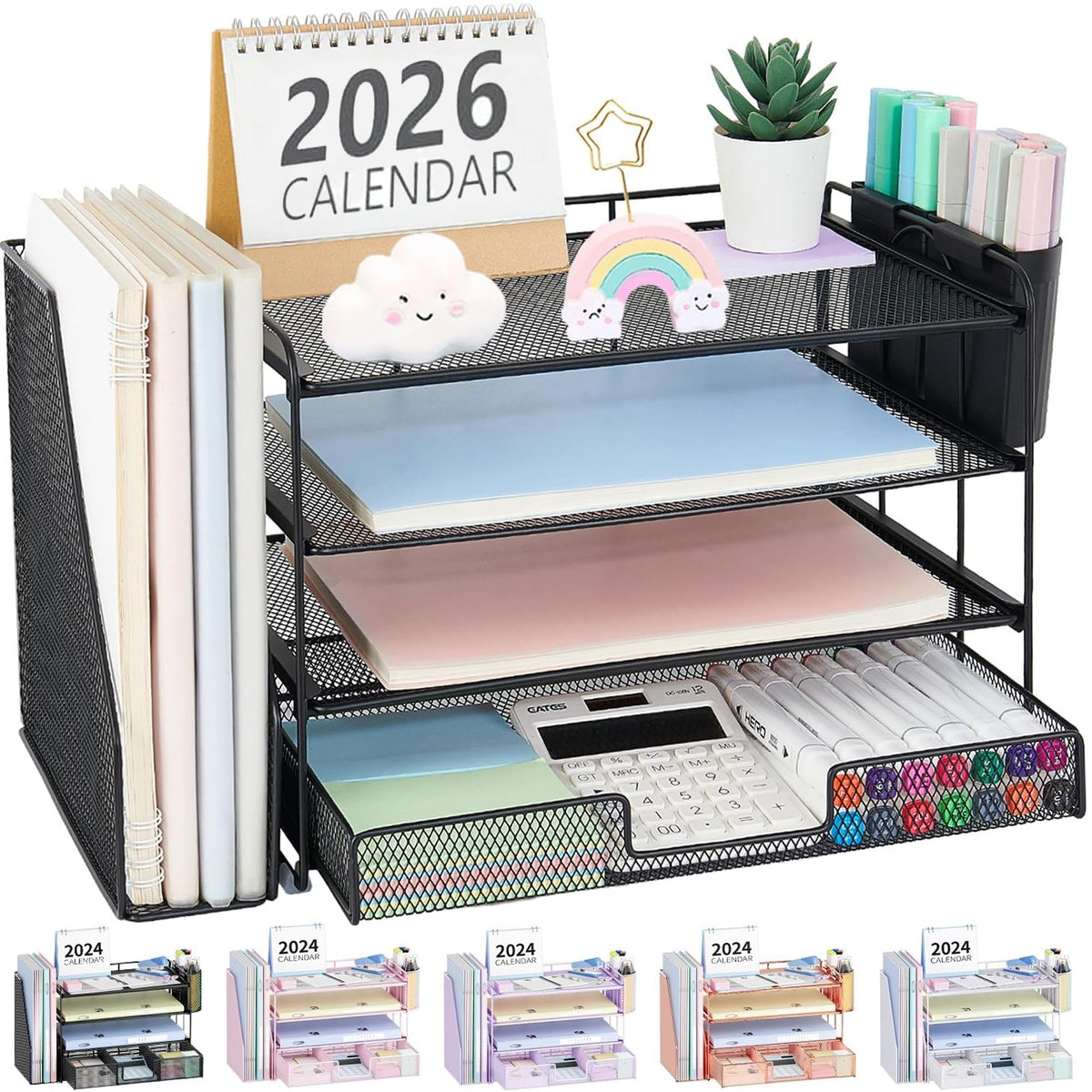 OPNICE Desk Organizers and Accessories, 4-Tier Desktop File Organizer with Drawer and Pen Holders, Office Desk Accessories Workspace Organizers for Office Supplies (Gold)