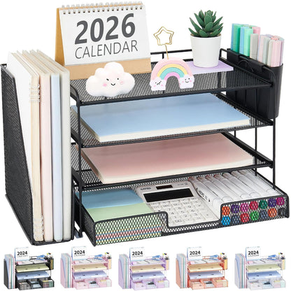OPNICE Desk Organizers and Accessories, 4-Tier Desktop File Organizer with Drawer and Pen Holders, Office Desk Accessories Workspace Organizers for Office Supplies (Gold)