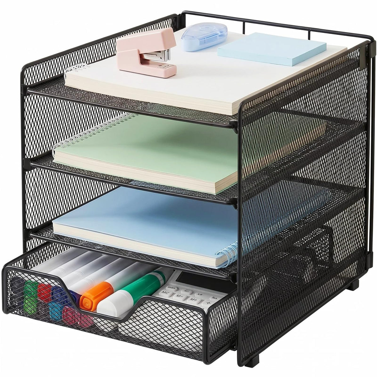 OPNICE Desk Organizers and Accessories, 4-Tier Desktop File Organizer with Drawer and Pen Holders, Office Desk Accessories Workspace Organizers for Office Supplies (Gold)