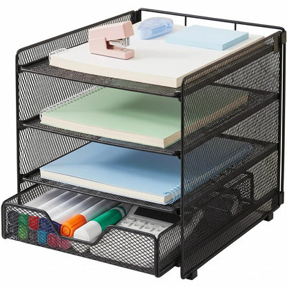 OPNICE Desk Organizers and Accessories, 4-Tier Desktop File Organizer with Drawer and Pen Holders, Office Desk Accessories Workspace Organizers for Office Supplies (Gold)