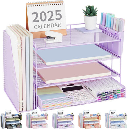 OPNICE Desk Organizers and Accessories, 4-Tier Desktop File Organizer with Drawer and Pen Holders, Office Desk Accessories Workspace Organizers for Office Supplies (Gold)
