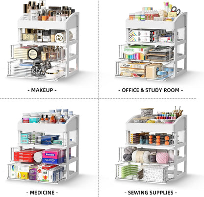 Desk Organizer with Drawers, 3 Drawers Storage Organizer, Desktop Storage Drawers for Office/School Supplies, Plastic Stationary Makeup Organizer, Desk Storage Box for Office, School, Home