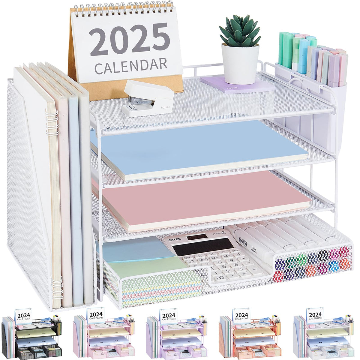 OPNICE Desk Organizers and Accessories, 4-Tier Desktop File Organizer with Drawer and Pen Holders, Office Desk Accessories Workspace Organizers for Office Supplies (Gold)