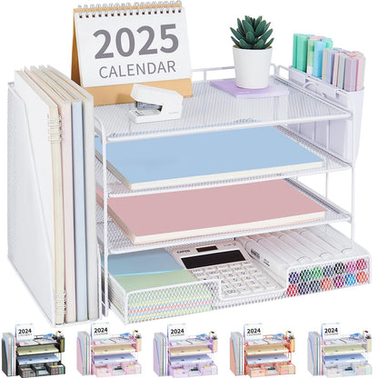 OPNICE Desk Organizers and Accessories, 4-Tier Desktop File Organizer with Drawer and Pen Holders, Office Desk Accessories Workspace Organizers for Office Supplies (Gold)