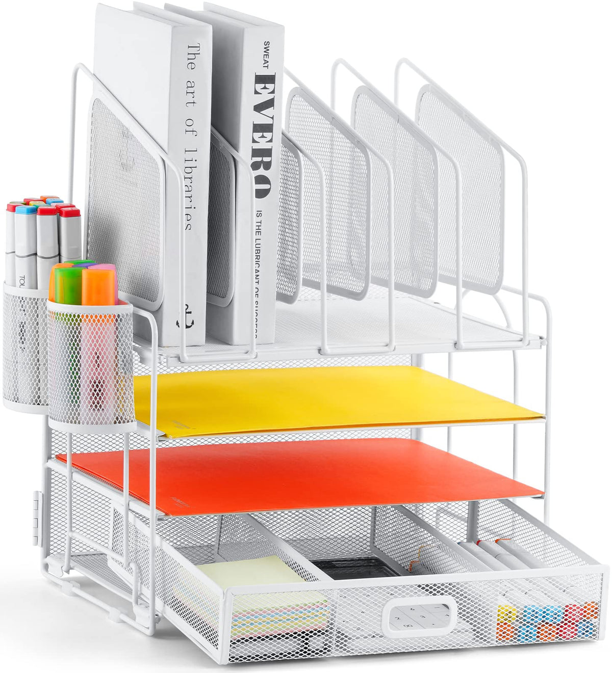 Marbrasse Desk organizer with Drawer, 4-Tier Mesh File Organizer with 5 Vertical File Holders and 2 Pen Holders, Multifunction Desktop Organizer,Desk Organizers and Accessories for Home Office