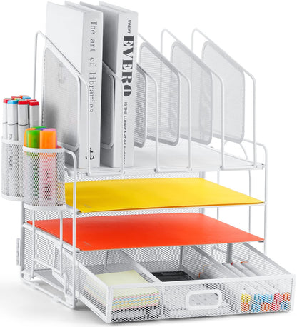 Marbrasse Desk organizer with Drawer, 4-Tier Mesh File Organizer with 5 Vertical File Holders and 2 Pen Holders, Multifunction Desktop Organizer,Desk Organizers and Accessories for Home Office