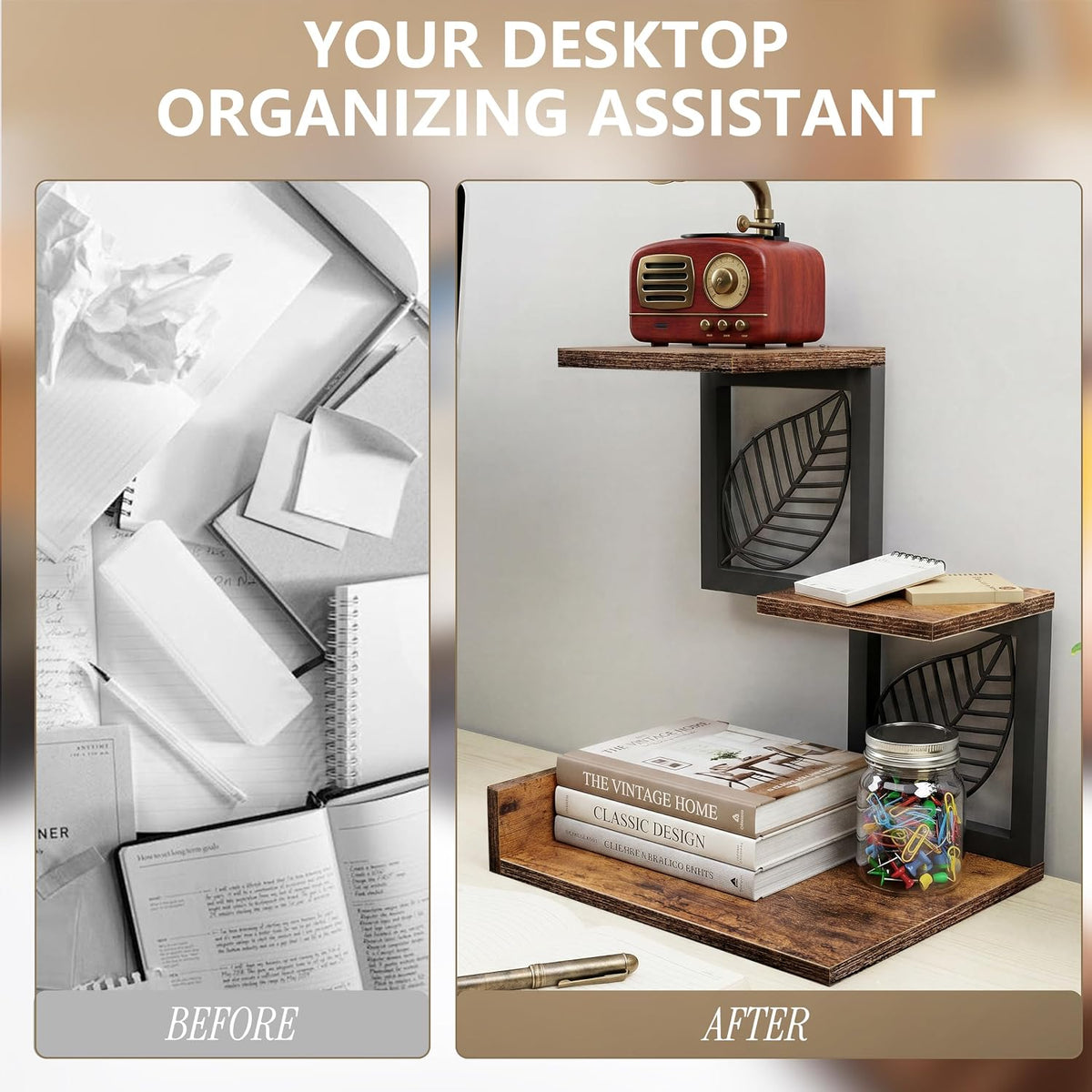 Desk Shelf Organizer, 3 Tier Desktop Leaf Small Bookshelf