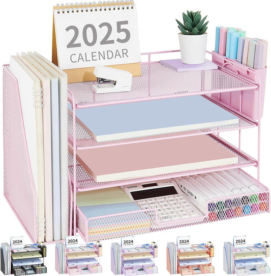 OPNICE Desk Organizer, 4-Tier Desktop File Organizer with Drawer and Pen Holders, Office Desk Accessories, File Sorters, Workspace Organizers for Office Supplies(Pink)