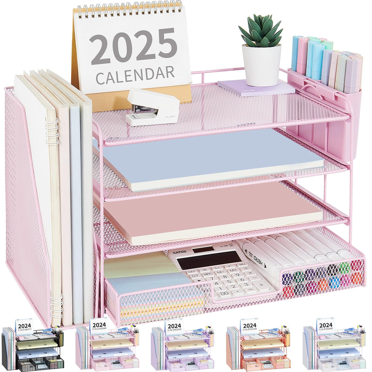 OPNICE Desk Organizers and Accessories, 4-Tier Desktop File Organizer with Drawer and Pen Holders, Office Desk Accessories Workspace Organizers for Office Supplies (Gold)