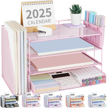 OPNICE Desk Organizers and Accessories, 4-Tier Desktop File Organizer with Drawer and Pen Holders, Office Desk Accessories Workspace Organizers for Office Supplies (Gold)