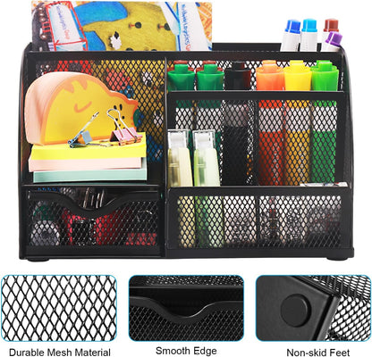 Comix Mesh Pen Pencil Holder Desk Organizer, 7 Compartment Wire Desktop Pen Pencil Cup Caddy Office Supplies for Home Office School, Black