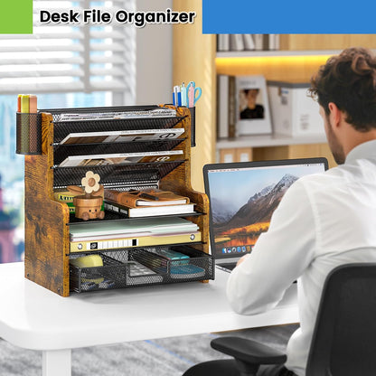 DAOUTIME 6-Tier Mesh Desk Organizer with Drawer, Wooden Office Organizer for Papers, Folders & Office Supplies - Sturdy Desktop File Holder with 2 Pen Holders - Space Saving Home Office Accessories