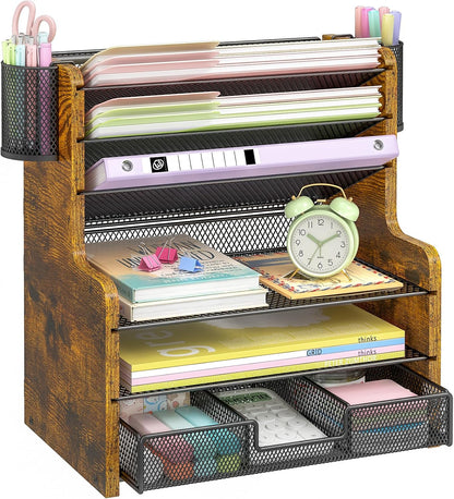 DAOUTIME 6-Tier Mesh Desk Organizer with Drawer, Wooden Office Organizer for Papers, Folders & Office Supplies - Sturdy Desktop File Holder with 2 Pen Holders - Space Saving Home Office Accessories