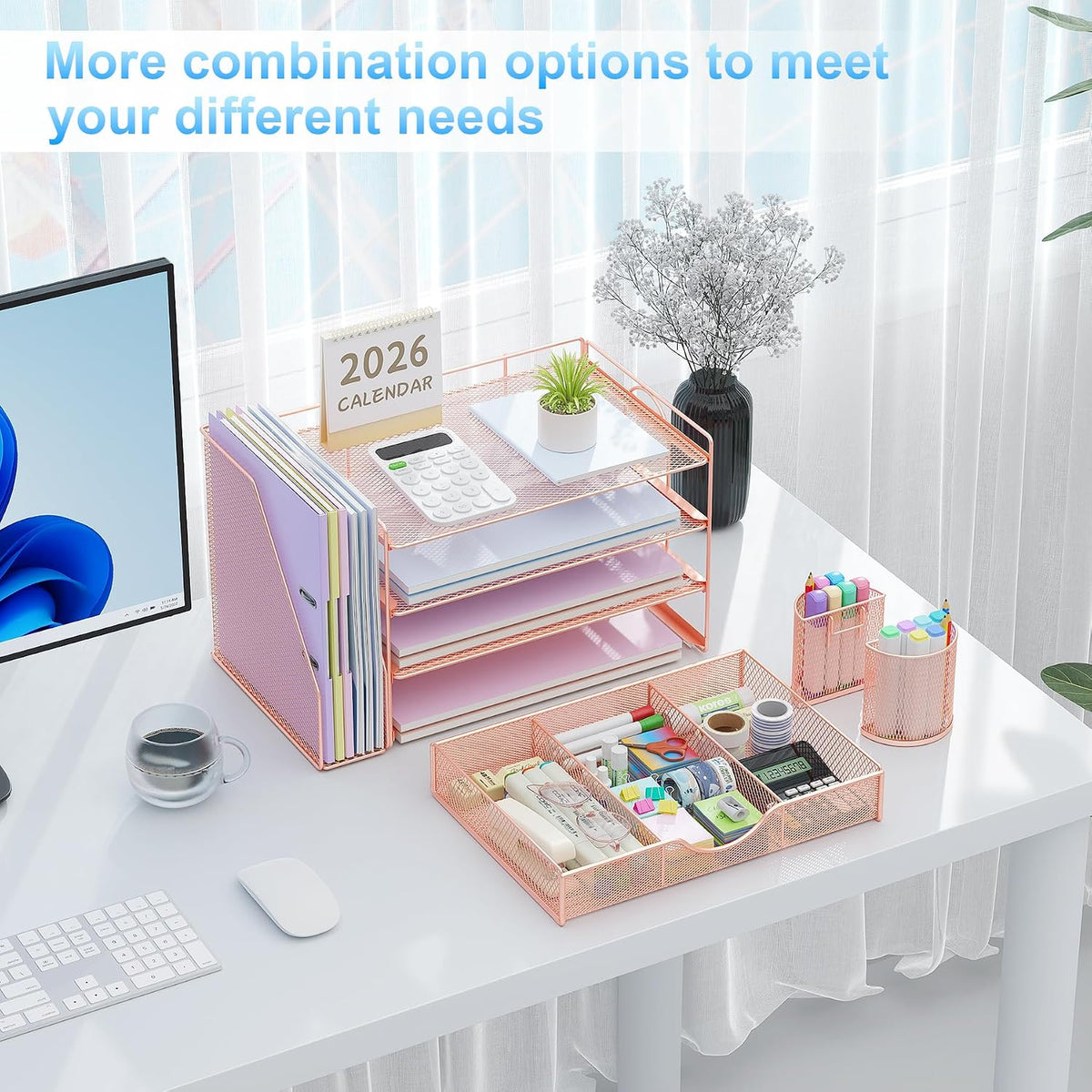 gianotter Desk Organizers and Accessories with File Holder, 4-Tier Desk Accessories & Workspace Organizers with Drawer and 2 Pen Holder, Paper Organizer for Office Supplies (Rose Gold)