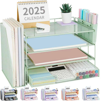 OPNICE Desk Organizers and Accessories, 4-Tier Desktop File Organizer with Drawer and Pen Holders, Office Desk Accessories Workspace Organizers for Office Supplies (Gold)