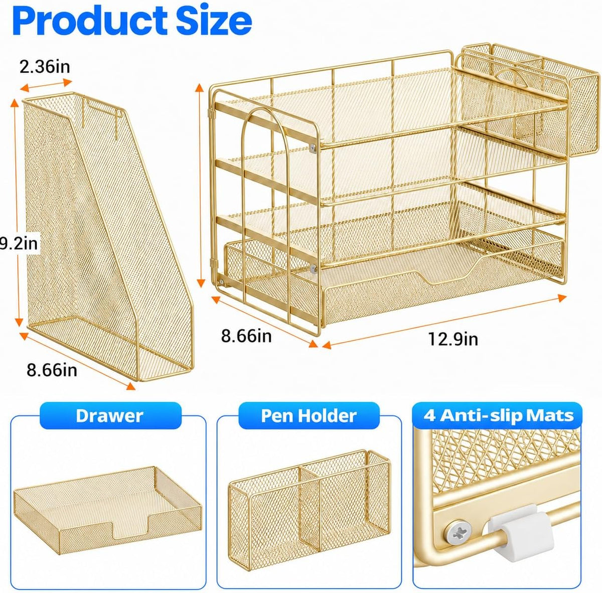 OPNICE Desk Organizers and Accessories, 4-Tier Desktop File Organizer with Drawer and Pen Holders, Office Desk Accessories Workspace Organizers for Office Supplies (Gold)