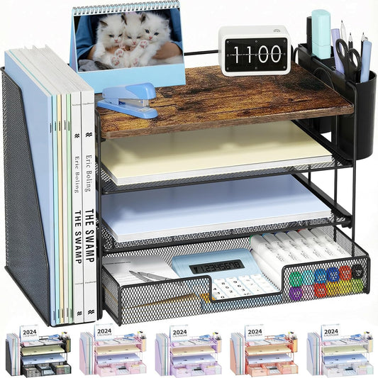 OPNICE Desk Organizer, 4-Tier Desktop File Organizer with Drawer and Pen Holders, Office Desk Accessories, File Sorters, Workspace Organizers for Office Supplies(Wood)