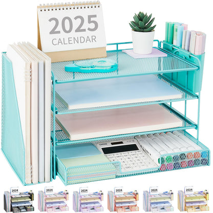 OPNICE Desk Organizers and Accessories, 4-Tier Desktop File Organizer with Drawer and Pen Holders, Office Desk Accessories Workspace Organizers for Office Supplies (Gold)