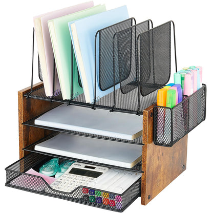 OPNICE Desk Organizers and Accessories, 4-Tier Desktop File Organizer with Drawer and Pen Holders, Office Desk Accessories Workspace Organizers for Office Supplies (Gold)