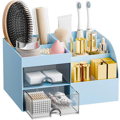Makeup Organizer with 2 Drawers, Makeup Organizers Countertop for Vanity and Bathroom, Make up organization and Skincare Storage with Brush Holder, for Dresser, Desktop, Cosmetic Display Case (White)
