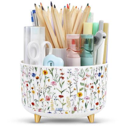 SKYDUE 360 Rotating Organizer - Dual-Purpose Pen & Pencil Holder with 5 Slots, Suitable for Office, School, or Home (White)