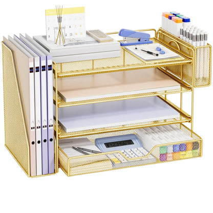 5-Tier Desk File Organizer with Drawer & Pen Holder (Black)