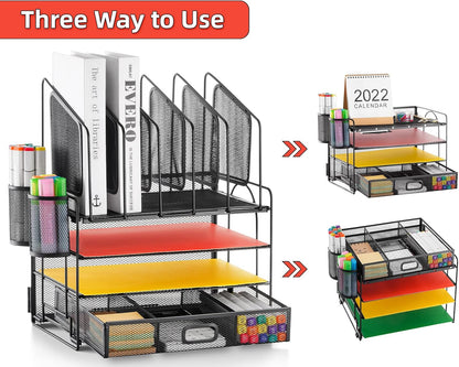 Marbrasse Desk organizer with Drawer, 4-Tier Mesh File Organizer with 5 Vertical File Holders and 2 Pen Holders, Multifunction Desktop Organizer,Desk Organizers and Accessories for Home Office