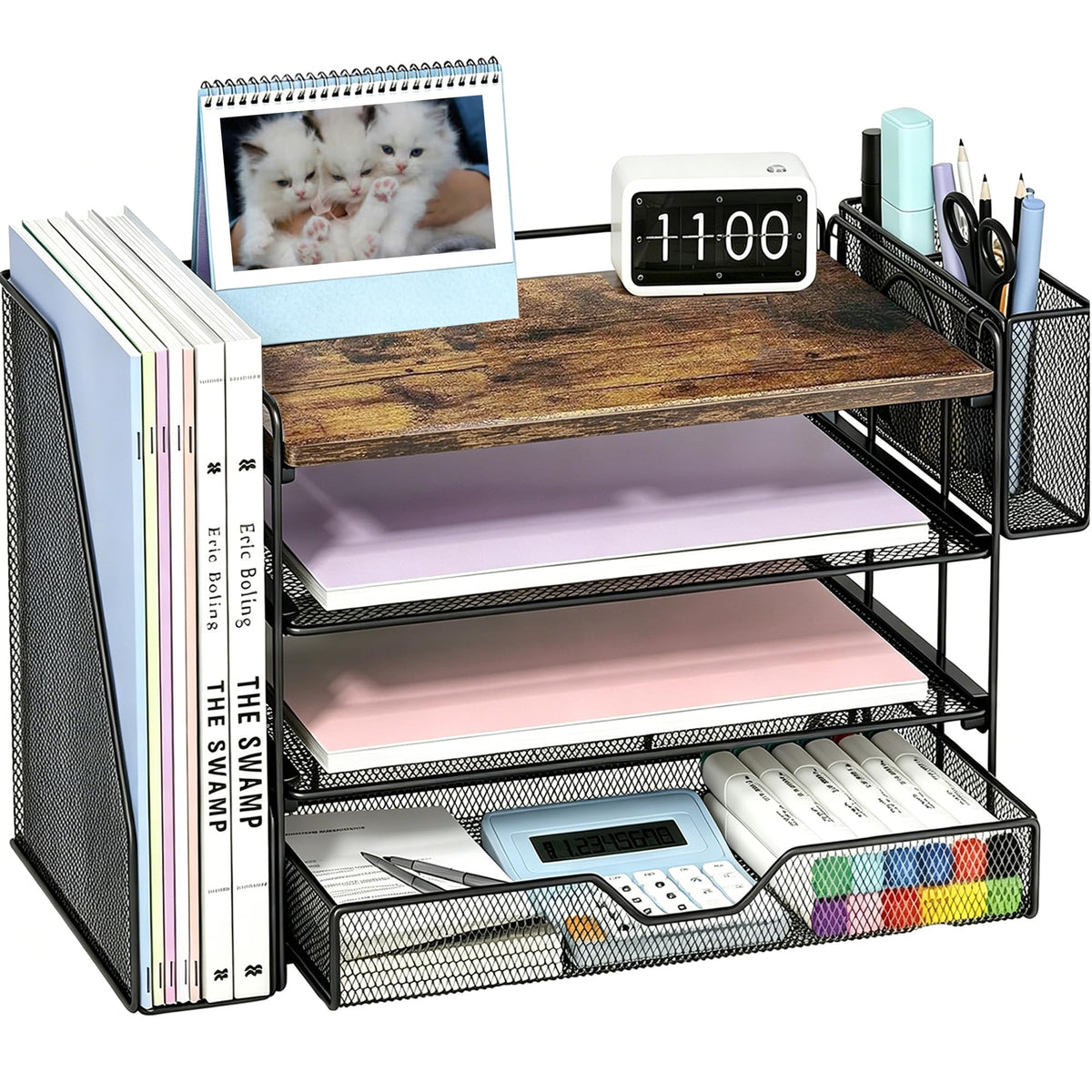 OPNICE Desk Organizers and Accessories, 4-Tier Desktop File Organizer with Drawer and Pen Holders, Office Desk Accessories Workspace Organizers for Office Supplies (Gold)