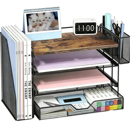 OPNICE Desk Organizers and Accessories, 4-Tier Desktop File Organizer with Drawer and Pen Holders, Office Desk Accessories Workspace Organizers for Office Supplies (Gold)