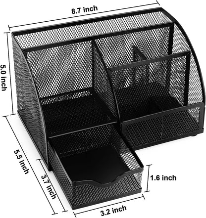 Comix Mesh Pen Pencil Holder Desk Organizer, 7 Compartment Wire Desktop Pen Pencil Cup Caddy Office Supplies for Home Office School, Black
