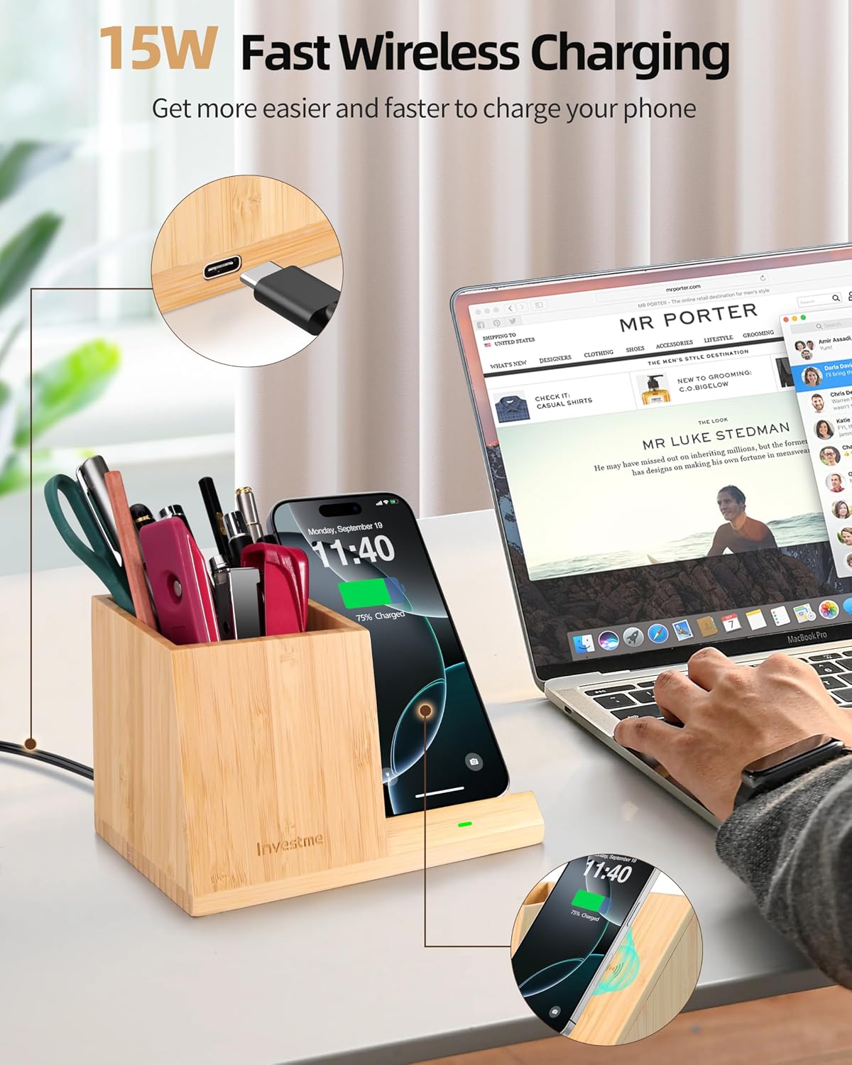 3-in-1 Bamboo Wireless Charger with Desk Organizer, Pen Holder for Desk