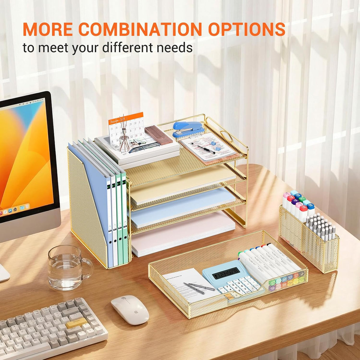OPNICE Desk Organizers and Accessories, 4-Tier Desktop File Organizer with Drawer and Pen Holders, Office Desk Accessories Workspace Organizers for Office Supplies (Gold)