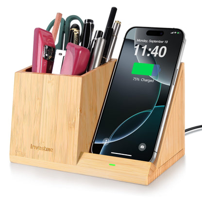 3-in-1 Bamboo Wireless Charger with Desk Organizer, Pen Holder for Desk