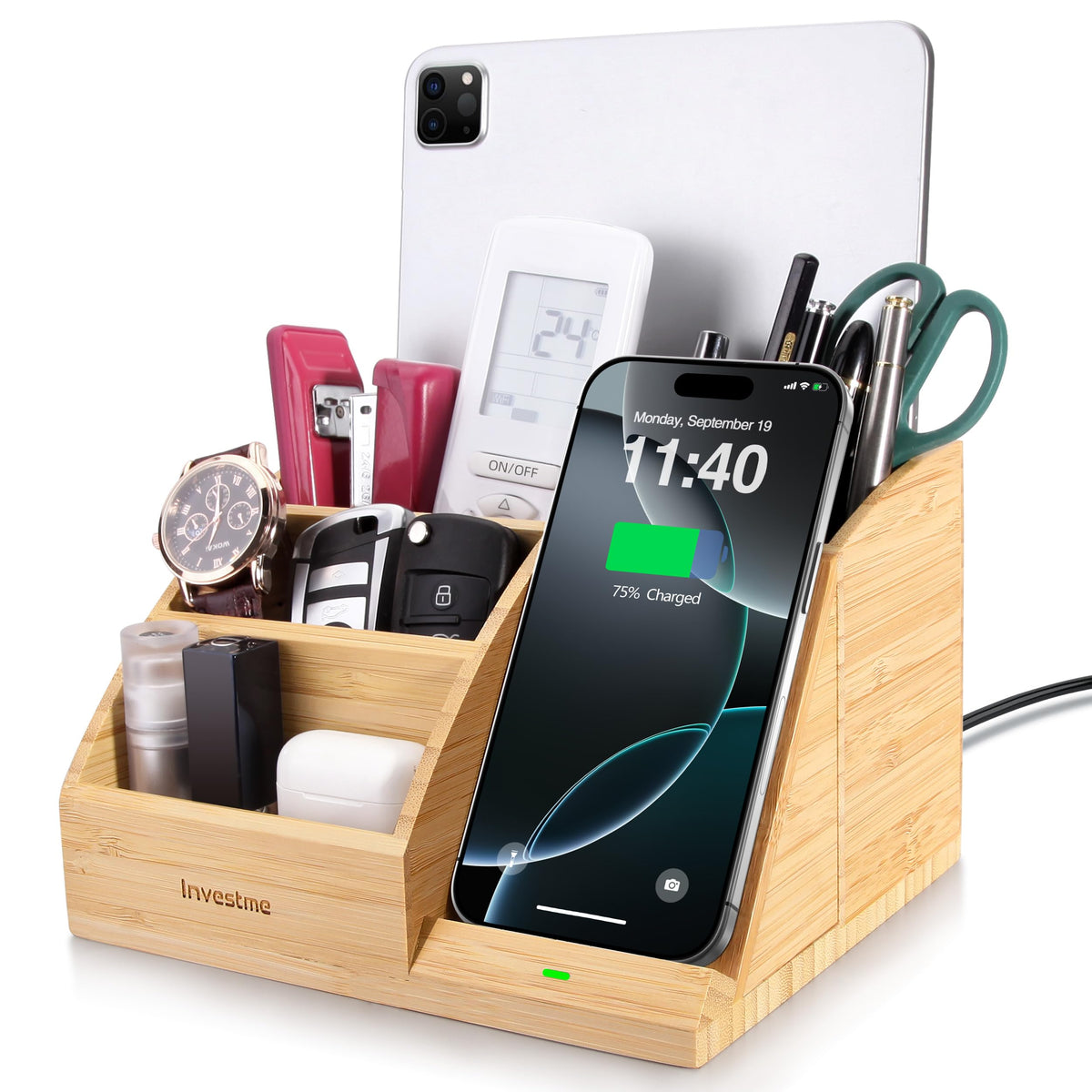 3-in-1 Bamboo Wireless Charger with Desk Organizer, Pen Holder for Desk