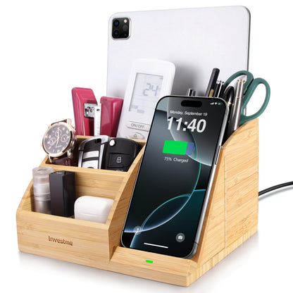 3-in-1 Bamboo Wireless Charger with Desk Organizer, Pen Holder for Desk
