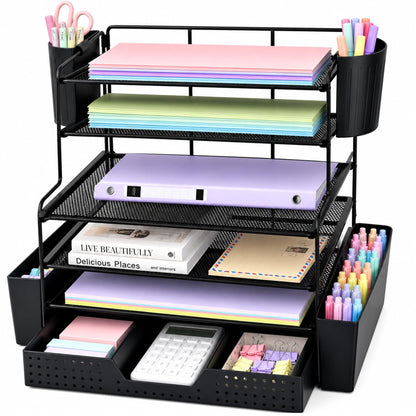 OPNICE Desk Organizers and Accessories, 4-Tier Desktop File Organizer with Drawer and Pen Holders, Office Desk Accessories Workspace Organizers for Office Supplies (Gold)