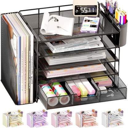 OPNICE Desk Organizers and Accessories, 4-Tier Desktop File Organizer with Drawer and Pen Holders, Office Desk Accessories Workspace Organizers for Office Supplies (Gold)