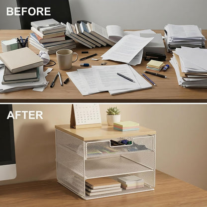 4-Tier Mesh Desk Organizer and Accessories with Drawer Wooden Top Desktop Organizers Letter Tray Paper Organizer File Holder for Home Office School White