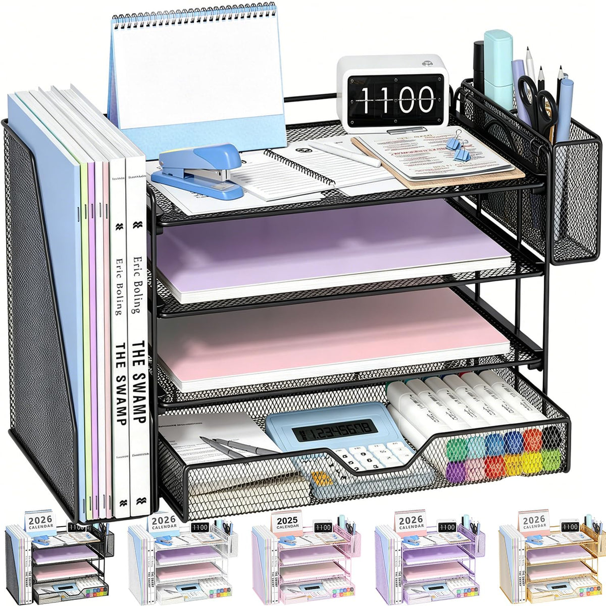 OPNICE Desk Organizers and Accessories, 4-Tier Desktop File Organizer with Drawer and Pen Holders, Office Desk Accessories Workspace Organizers for Office Supplies (Gold)