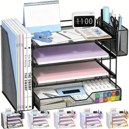 OPNICE Desk Organizers and Accessories, 4-Tier Desktop File Organizer with Drawer and Pen Holders, Office Desk Accessories Workspace Organizers for Office Supplies (Gold)