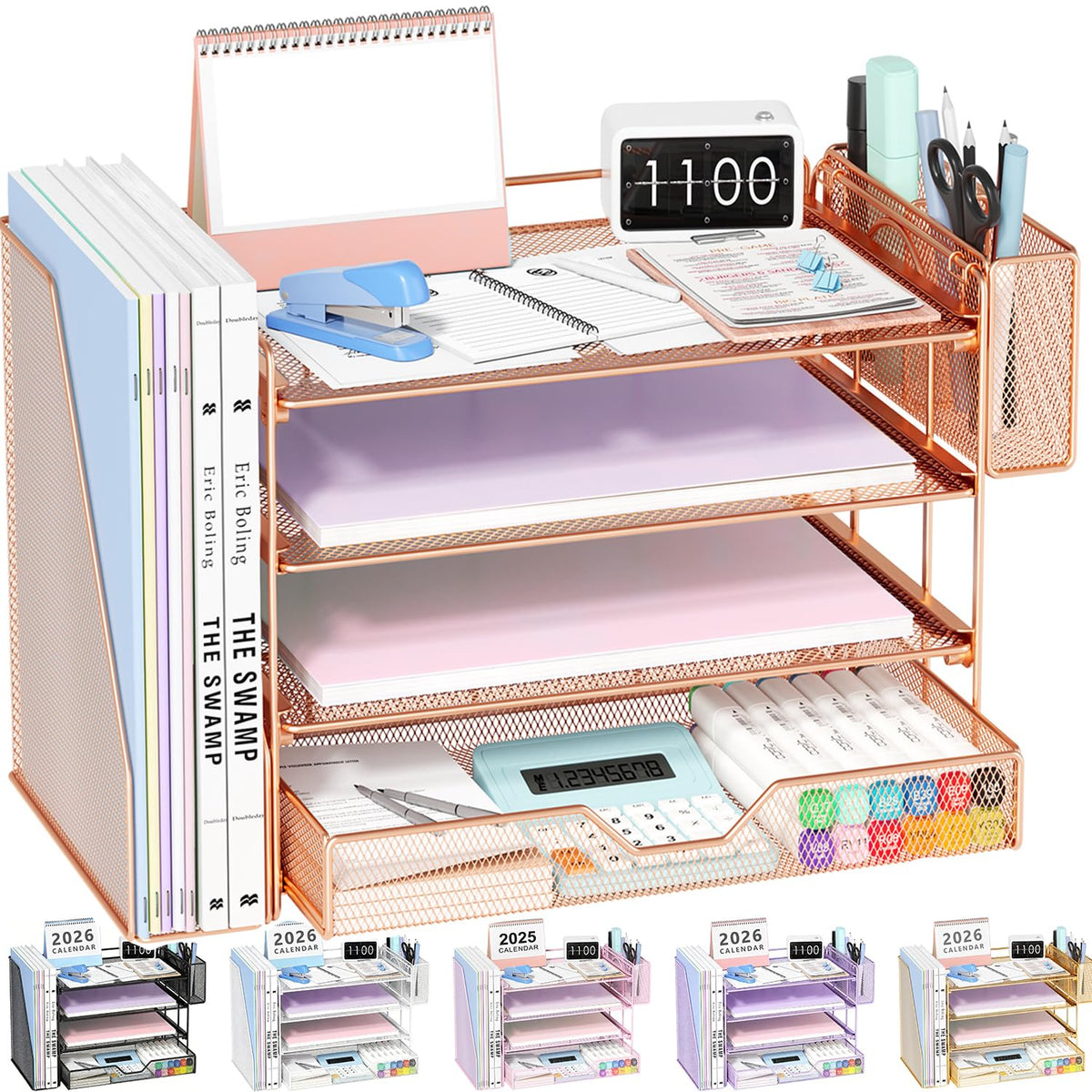 OPNICE Desk Organizers and Accessories, 4-Tier Desktop File Organizer with Drawer and Pen Holders, Office Desk Accessories Workspace Organizers for Office Supplies (Gold)