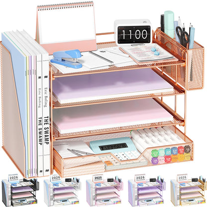 OPNICE Desk Organizers and Accessories, 4-Tier Desktop File Organizer with Drawer and Pen Holders, Office Desk Accessories Workspace Organizers for Office Supplies (Gold)