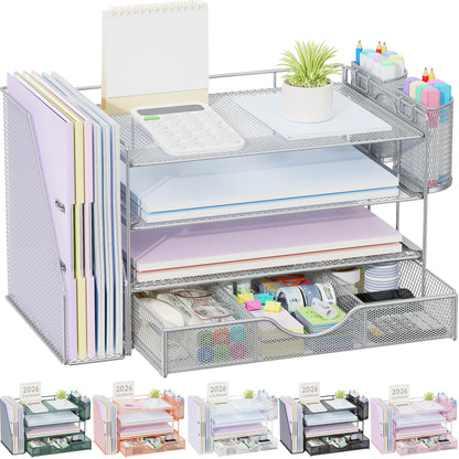gianotter Desk Organizers and Accessories with File Holder, 4-Tier Desk Accessories & Workspace Organizers with Drawer and 2 Pen Holder, Paper Organizer for Office Supplies (Rose Gold)