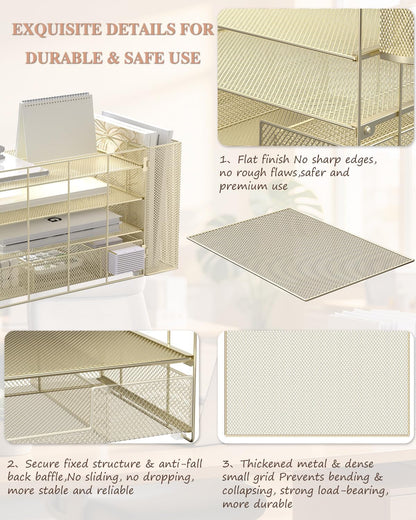 WALI Desk File Organizer, 4 Tier Desktop Paper Letter Tray Organizer with Drawer and 2 Pen Holders, Office Desk Accessories & Workspace Organizers for Office, Home, School Supplies, 1 Pack, Gold