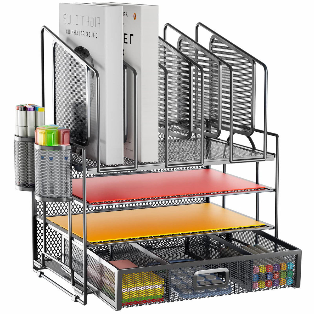Marbrasse Desk organizer with Drawer, 4-Tier Mesh File Organizer with 5 Vertical File Holders and 2 Pen Holders, Multifunction Desktop Organizer,Desk Organizers and Accessories for Home Office