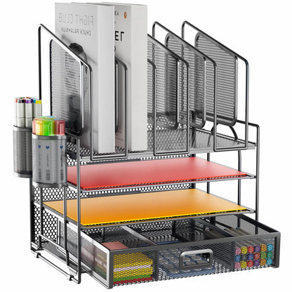 Marbrasse Desk organizer with Drawer, 4-Tier Mesh File Organizer with 5 Vertical File Holders and 2 Pen Holders, Multifunction Desktop Organizer,Desk Organizers and Accessories for Home Office