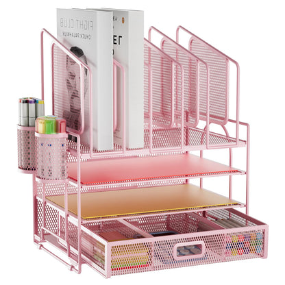 Marbrasse Desk organizer with Drawer, 4-Tier Mesh File Organizer with 5 Vertical File Holders and 2 Pen Holders, Multifunction Desktop Organizer,Desk Organizers and Accessories for Home Office