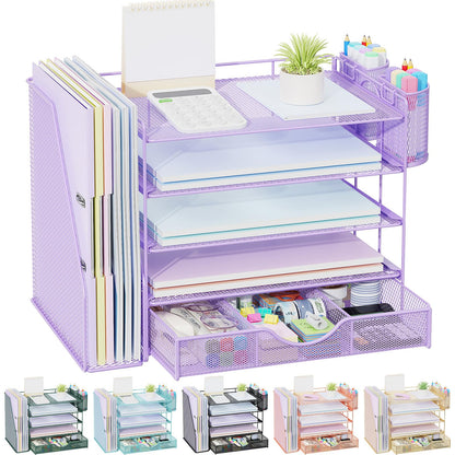 gianotter Desk Organizers and Accessories with File Holder, 4-Tier Desk Accessories & Workspace Organizers with Drawer and 2 Pen Holder, Paper Organizer for Office Supplies (Rose Gold)