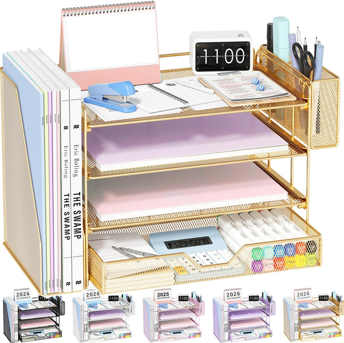 OPNICE Desk Organizers and Accessories, 4-Tier Desktop File Organizer with Drawer and Pen Holders, Office Desk Accessories Workspace Organizers for Office Supplies (Gold)